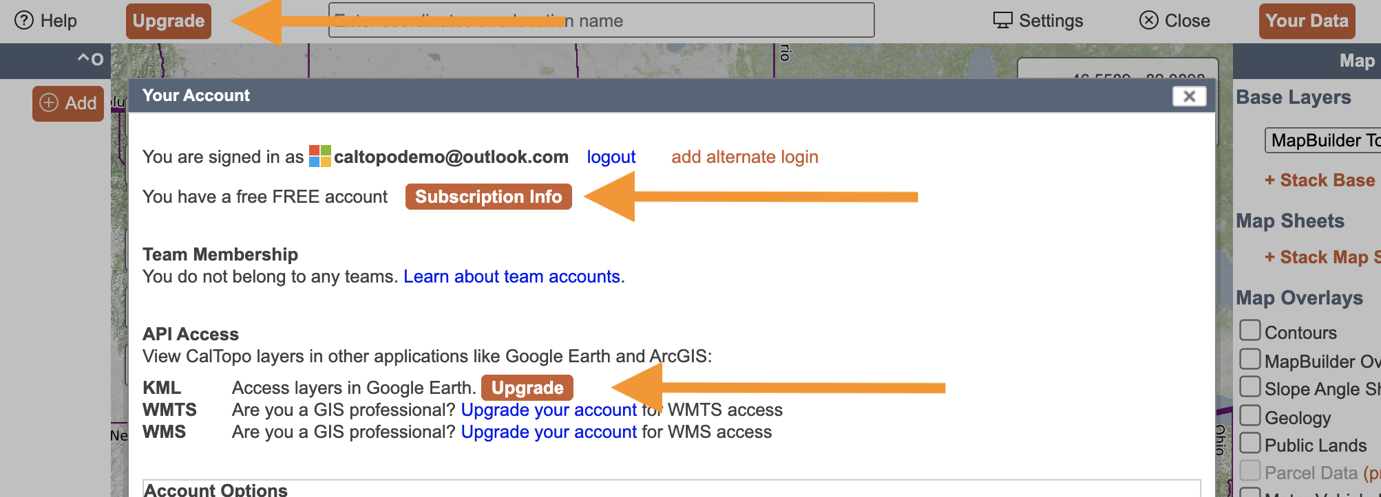Arrows pointing to three ways to access the upgrade page.